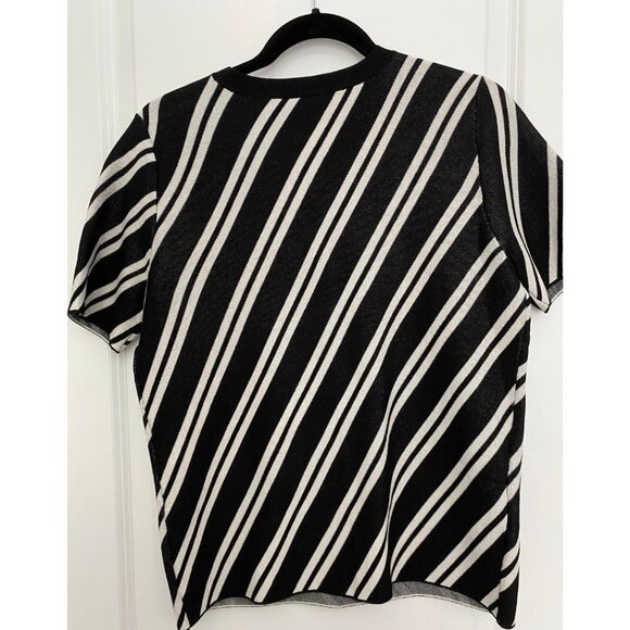 NWT Ann Taylor Black White Diagonal Stripe Short Sleeve Sweater Size Large Petit - Picture 4 of 5